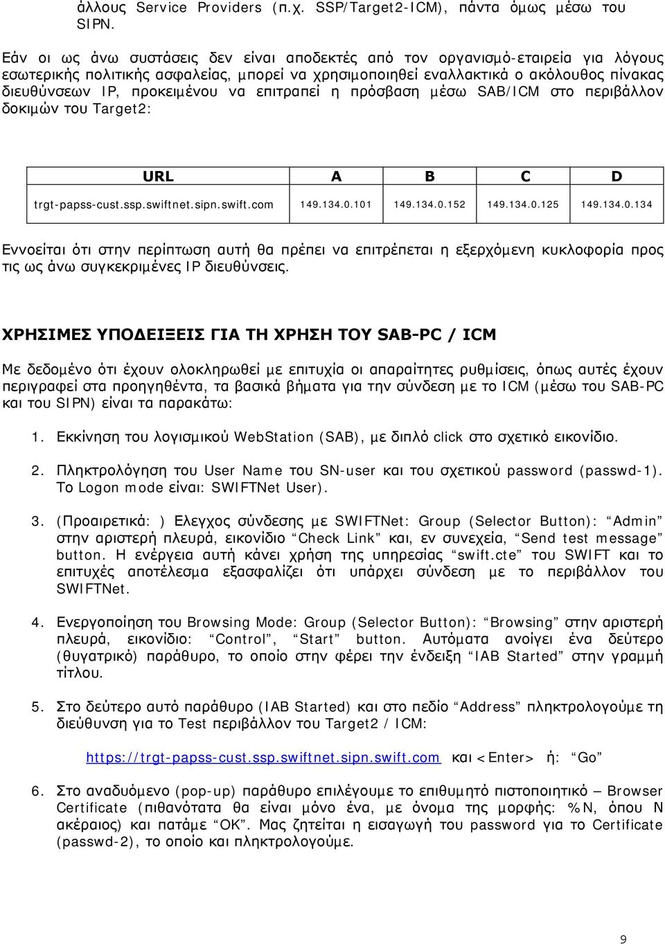 να επιτραπεί η πρόσβαση µέσω SAB/ICM στο περιβάλλον δοκιµών του Target2: URL A B C D trgt-papss-cust.ssp.swiftnet.sipn.swift.com 149.134.0.