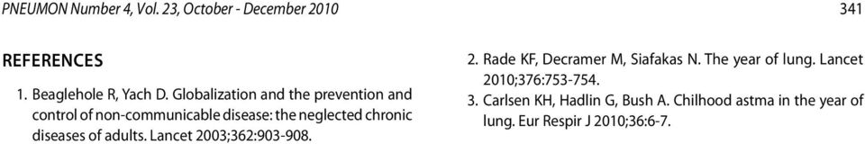 diseases of adults. Lancet 2003;362:903-908. 2. Rade KF, Decramer M, Siafakas N. The year of lung.