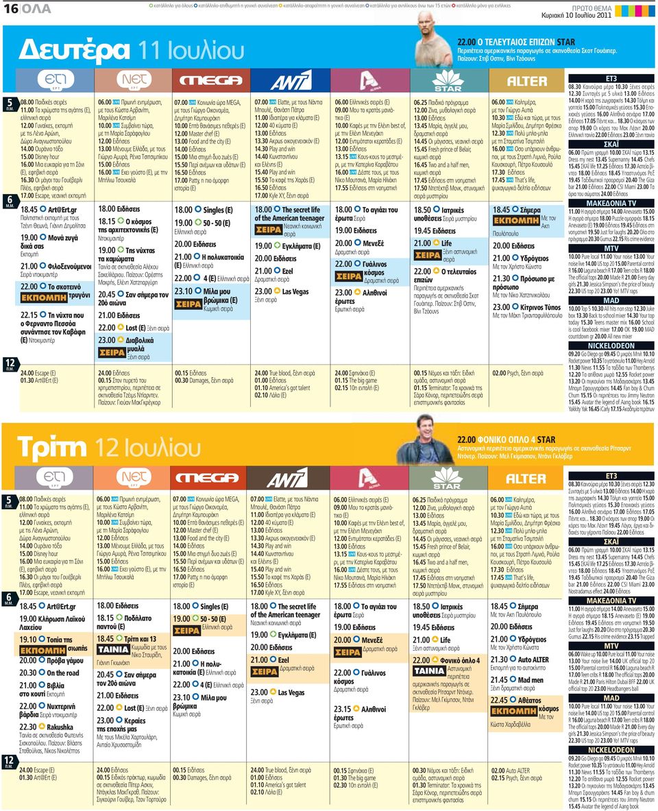 00 Τα χρώματα της αγάπης (Ε), ελληνική σειρά 12.00 Γυναίκες, εκπομπή με τις Λένα Αρώνη, Δώρα Αναγνωστοπούλου 14.00 Ουράνιο τόξο 15.00 Disney hour 16.00 Μια ευκαιρία για τη Σόνι (Ε), εφηβική σειρά 16.