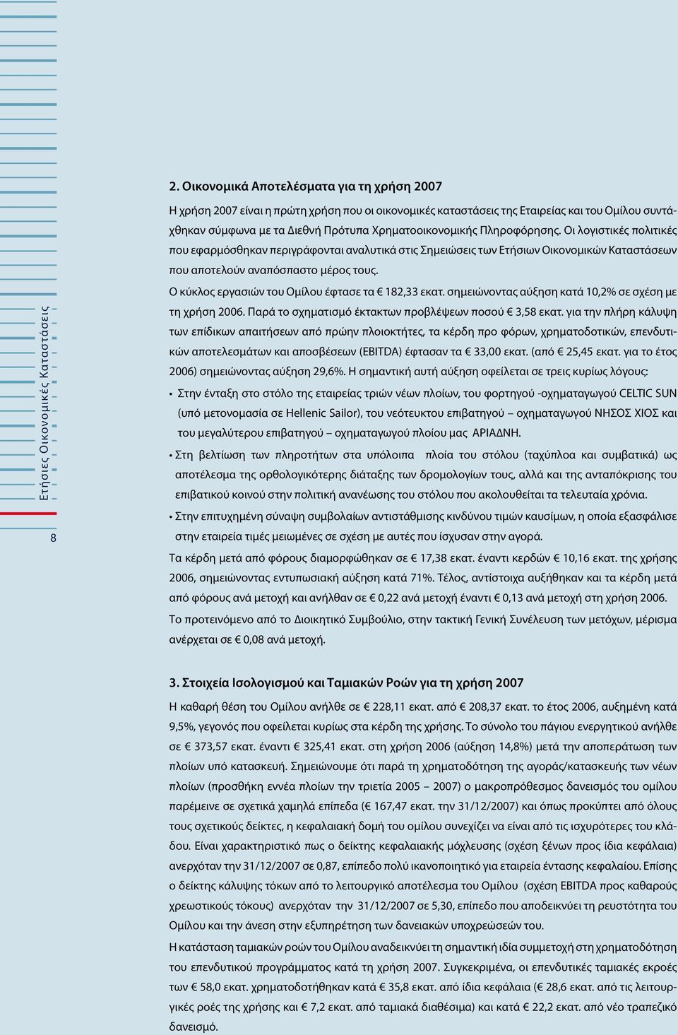 Ο κύκλος εργασιών του Οµίλου έφτασε τα 182,33 εκατ. σηµειώνοντας αύξηση κατά 10,2% σε σχέση µε τη χρήση 2006. Παρά το σχηµατισµό έκτακτων προβλέψεων ποσού 3,58 εκατ.