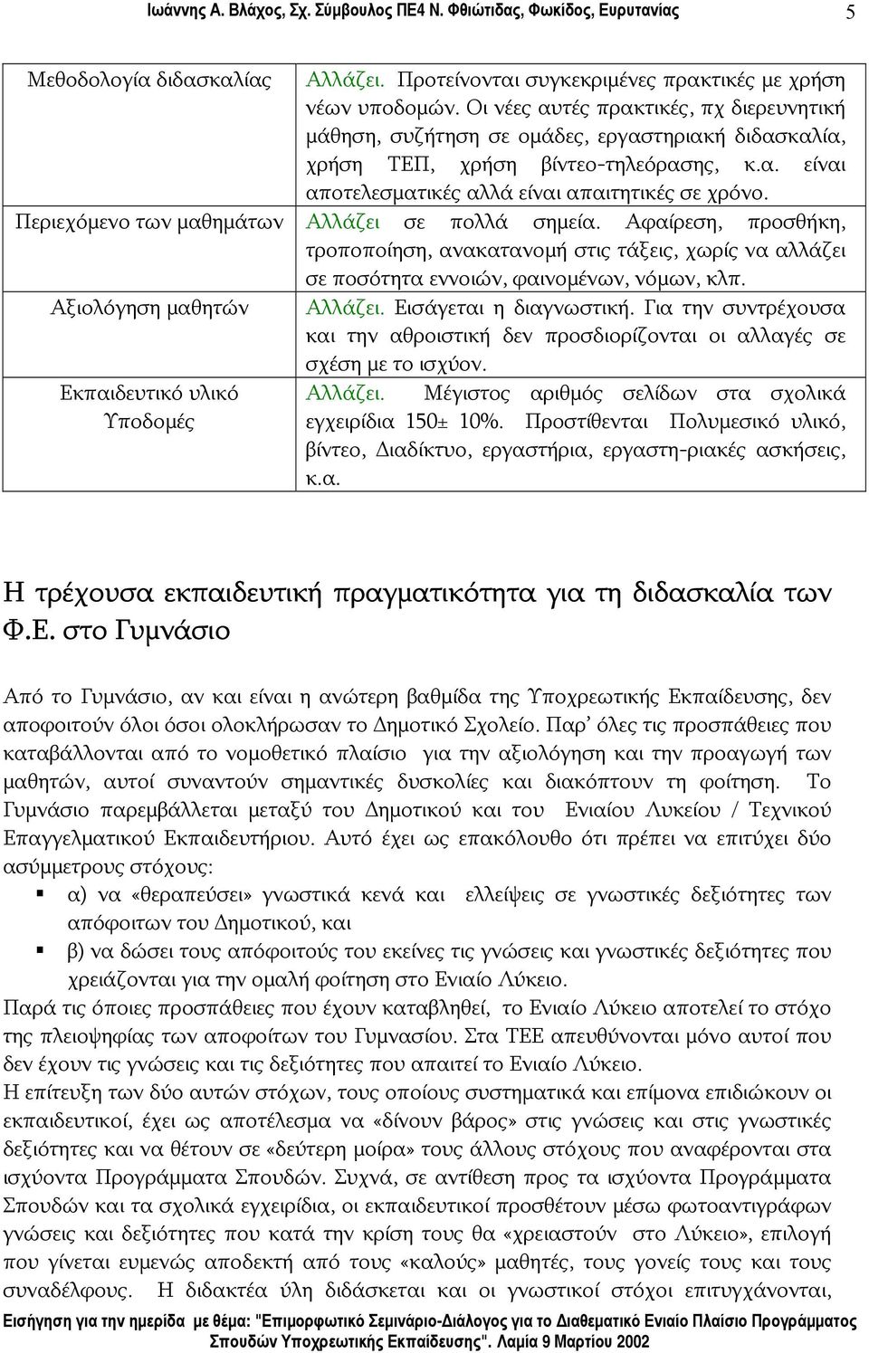 Περιεχόμενο των μαθημάτων Αλλάζει σε πολλά σημεία. Αφαίρεση, προσθήκη, τροποποίηση, ανακατανομή στις τάξεις, χωρίς να αλλάζει σε ποσότητα εννοιών, φαινομένων, νόμων, κλπ. Αξιολόγηση μαθητών Αλλάζει.