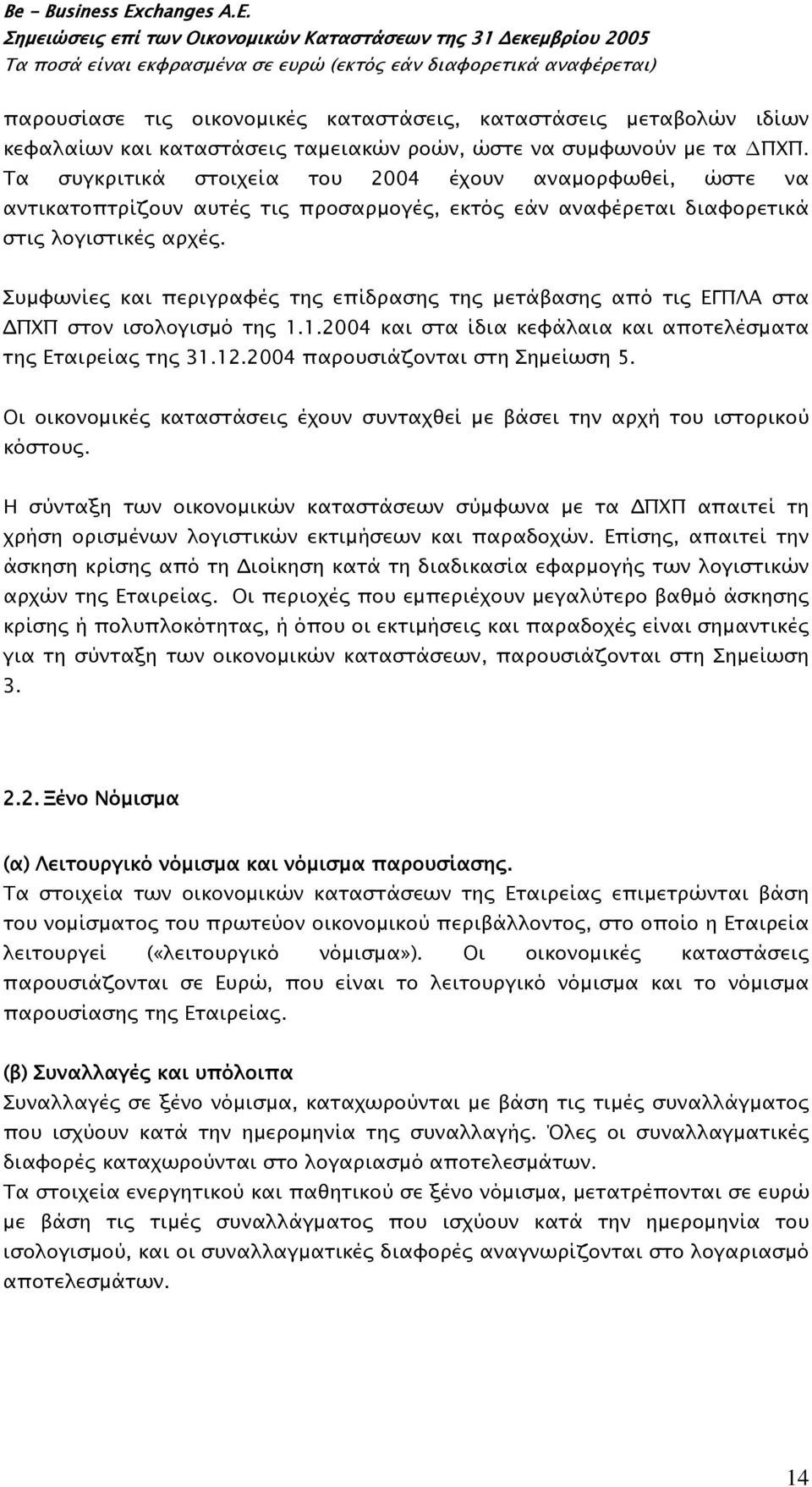 Συμφωνίες και περιγραφές της επίδρασης της μετάβασης από τις ΕΓΠΛΑ στα ΔΠΧΠ στον ισολογισμό της 1.1.2004 και στα ίδια κεφάλαια και αποτελέσματα της Εταιρείας της 31.12.