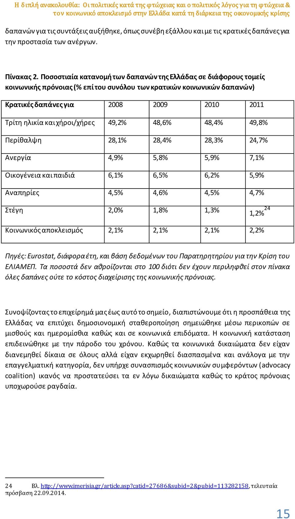 Ποσοστιαία κατανομή των δαπανών της Ελλάδας σε διάφορους τομείς κοινωνικής πρόνοιας (% επί του συνόλου των κρατικών κοινωνικών δαπανών) Κρατικές δαπάνες για 2008 2009 2010 2011 Τρίτη ηλικία και