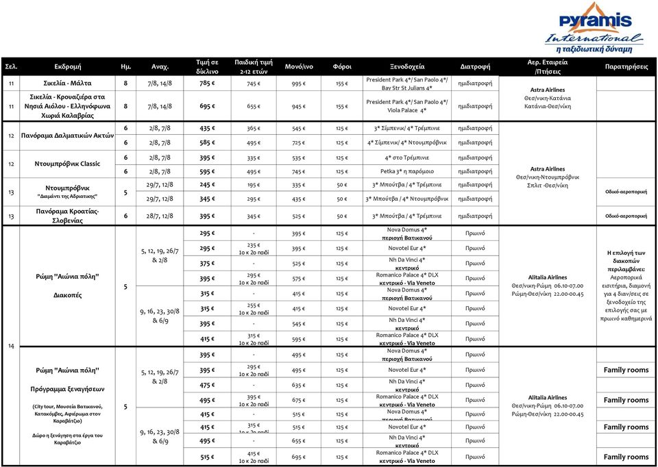 Astra Airlines Θεσ/νικη-Κατάνια Κατάνια-Θεσ/νίκη 12 13 13 14 Ντουμπρόβνικ Classic Ντουμπρόβνικ ''Διαμάντι της Αδριατικης'' Πανόραμα Κροατίας- Σλοβενίας Ρώμη ''Αιώνια πόλη'' Διακοπές Ρώμη ''Αιώνια