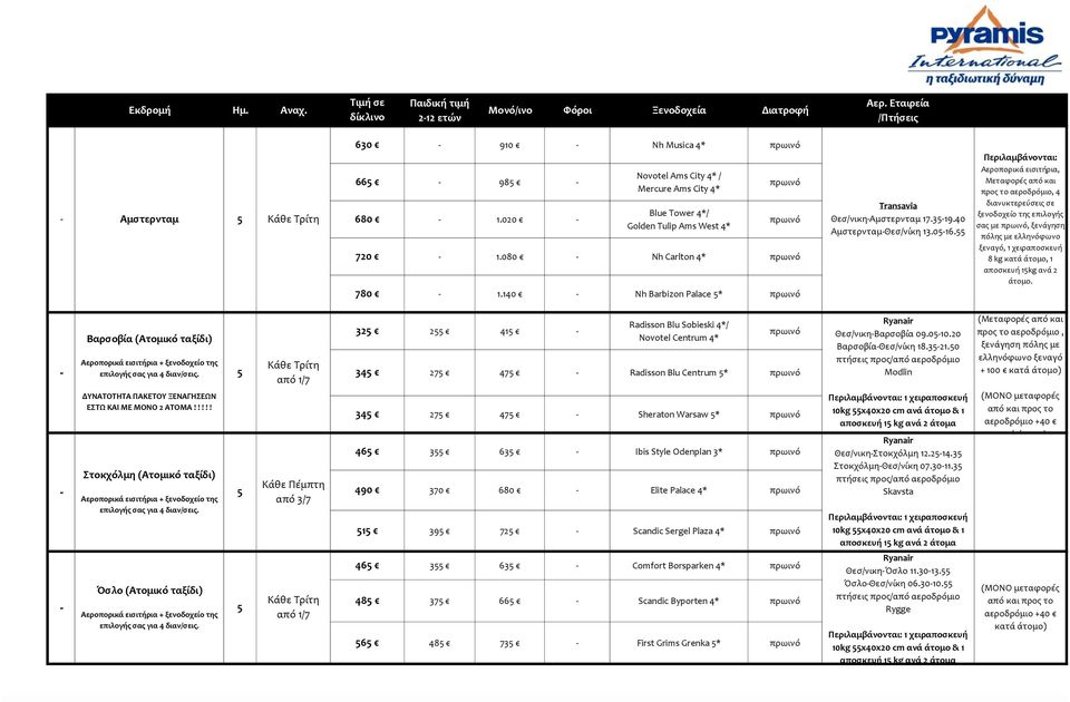 Περιλαμβάνονται: Αεροπορικά εισιτήρια, Μεταφορές από και προς το αεροδρόμιο, 4 διανυκτερεύσεις σε ξενοδοχείο της επιλογής σας με πρωινό, ξενάγηση πόλης με ελληνόφωνο ξεναγό, 1 χειραποσκευή kg, 1