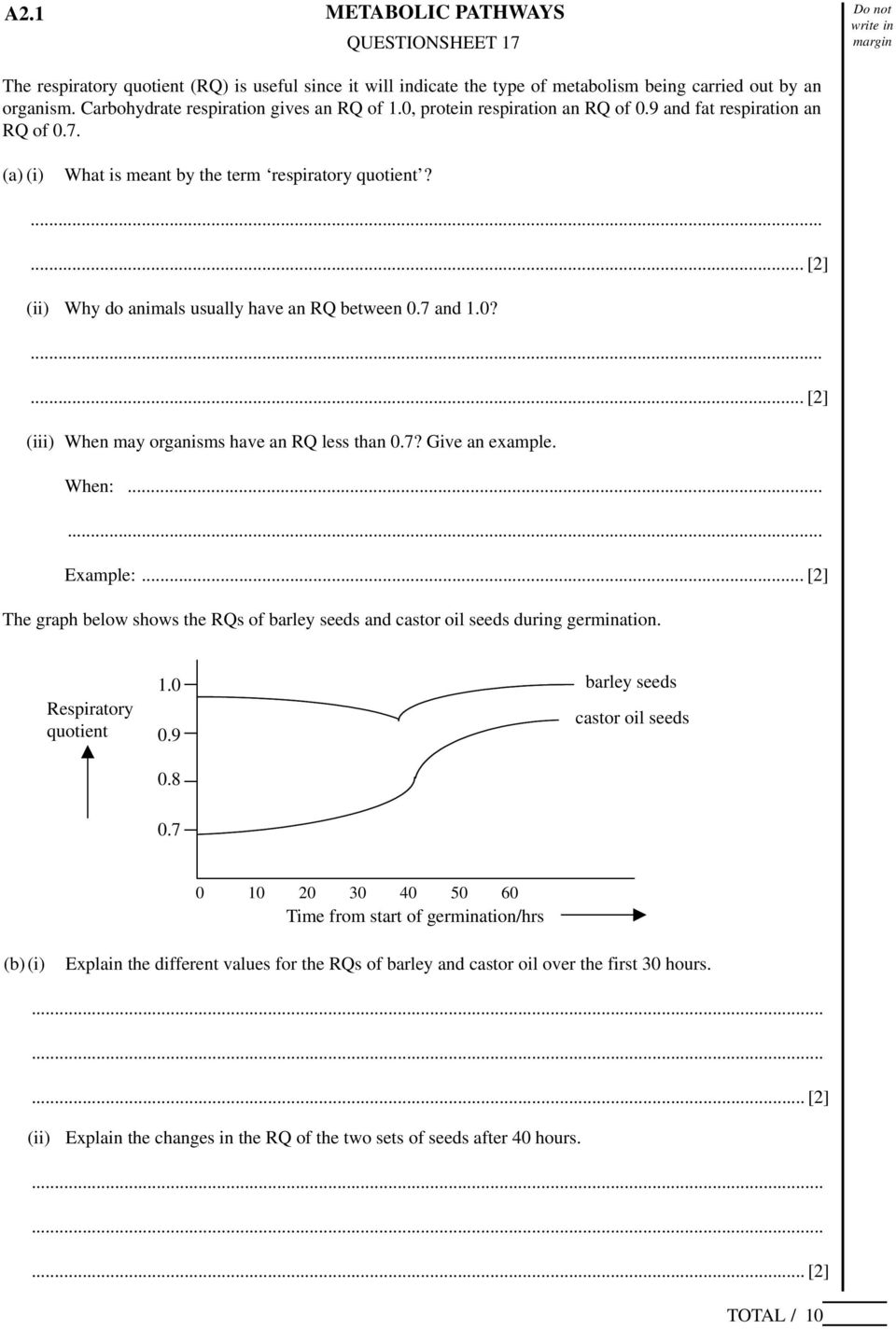 7? Give an example. When:...... Example:... The graph below shows the RQs of barley seeds and castor oil seeds during germination. Respiratory quotient 1.0 0.9 0.8 barley seeds castor oil seeds 0.