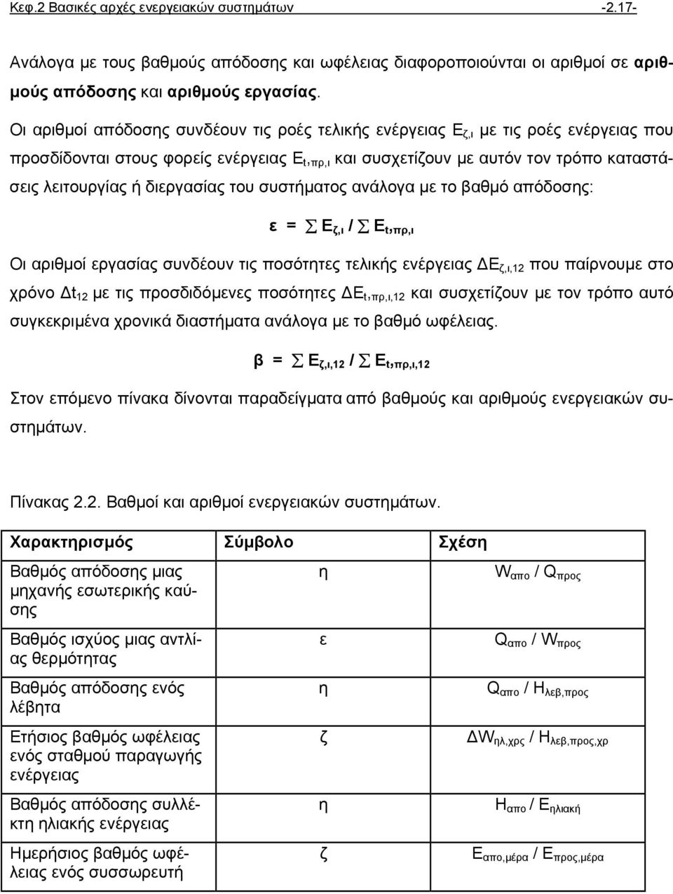 διεργασίας του συστήµατος ανάλογα µε το βαθµό απόδοσης: ε = Ε ζ,ι / Ε t, πρ,ι Οι αριθµοί εργασίας συνδέουν τις ποσότητες τελικής ενέργειας Ε ζ,ι,12 που παίρνουµε στο χρόνο t 12 µε τις προσδιδόµενες