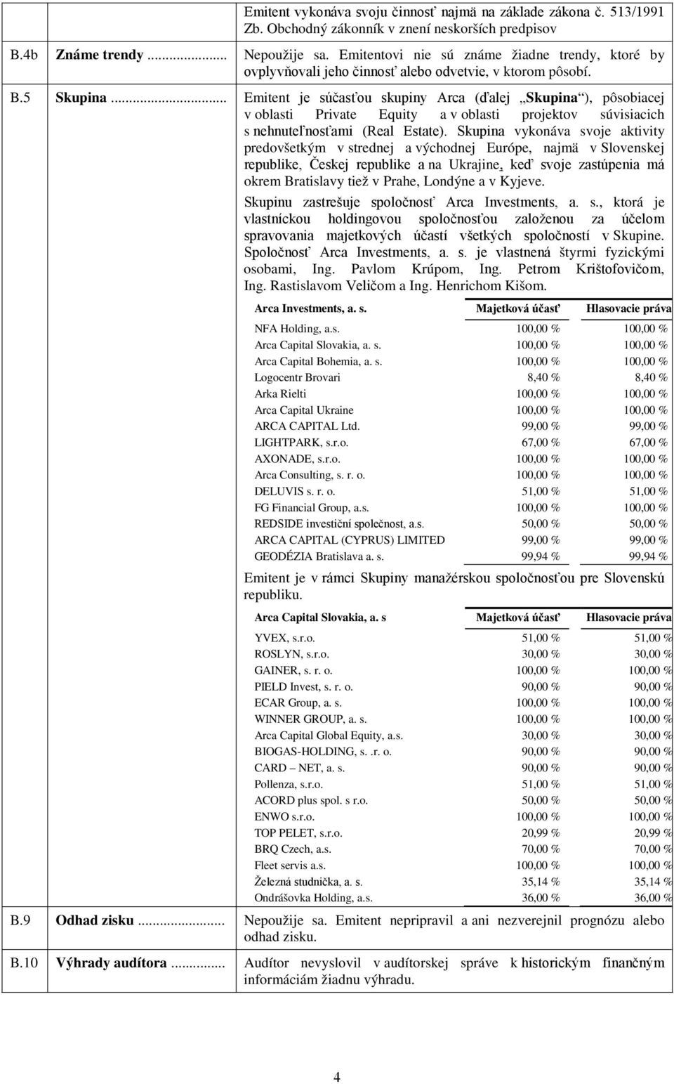 .. Emitent je súčasťou skupiny Arca (ďalej Skupina ), pôsobiacej v oblasti Private Equity a v oblasti projektov súvisiacich s nehnuteľnosťami (Real Estate).