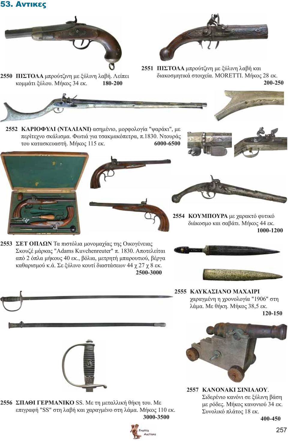 6000-6500 2553 ΣΕΤ ΟΠΛΩΝ Τα πιστόλια μονομαχίας της Οικογένειας Σκουζέ μάρκας "Adams Kuvchenreuter" π. 1830. Αποτελείται από 2 όπλα μήκους 40 εκ., βόλια, μετρητή μπαρουτιού, βέργα καθαρισμού κ.ά. Σε ξύλινο κουτί διαστάσεων 44 χ 27 χ 8 εκ.