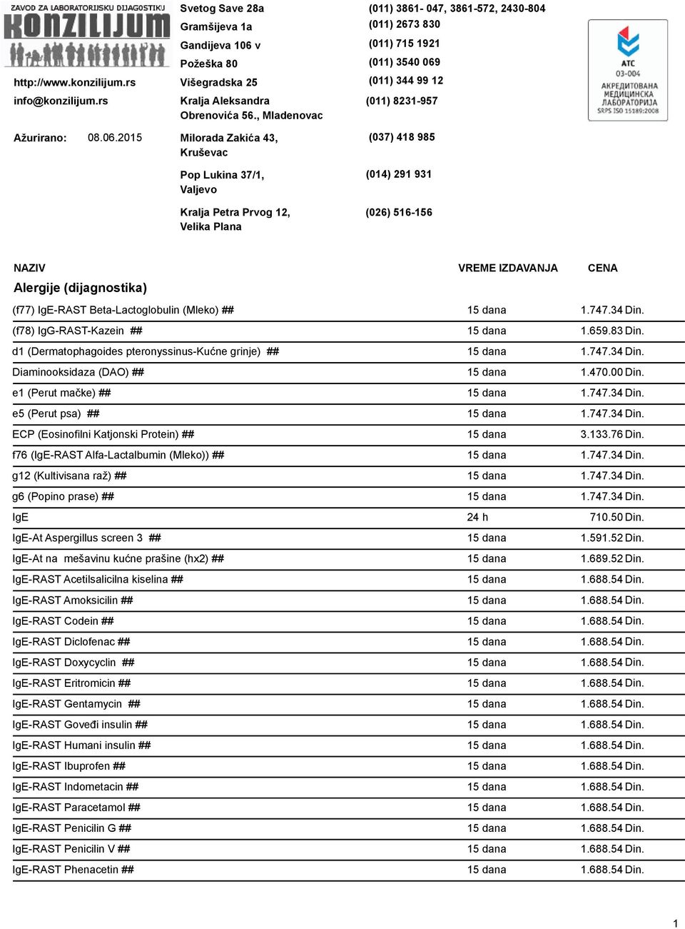 (011) 8231-957 (037) 418 985 (014) 291 931 (026) 516-156 NAZIV VREME IZDAVANJA CENA Alergije (dijagnostika) (f77) IgE-RAST Beta-Lactoglobulin (Mleko) ## 15 dana 1.747.34 Din.