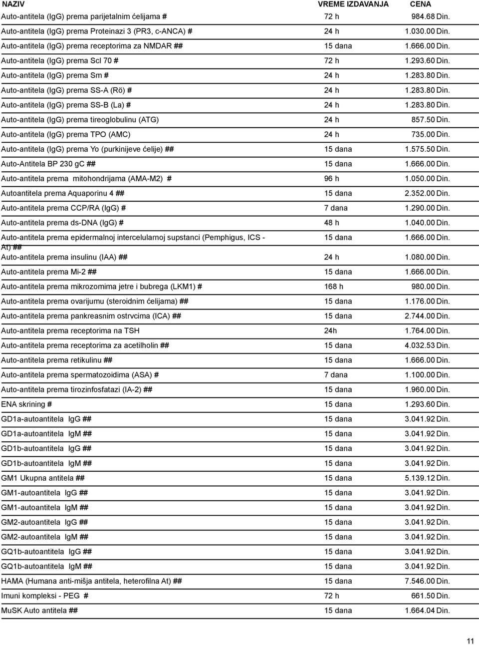 Auto-antitela (IgG) prema SS-A (Rӧ) # 24 h 1.283.80 Din. Auto-antitela (IgG) prema SS-B (La) # 24 h 1.283.80 Din. Auto-antitela (IgG) prema tireoglobulinu (ATG) 24 h 857.50 Din.