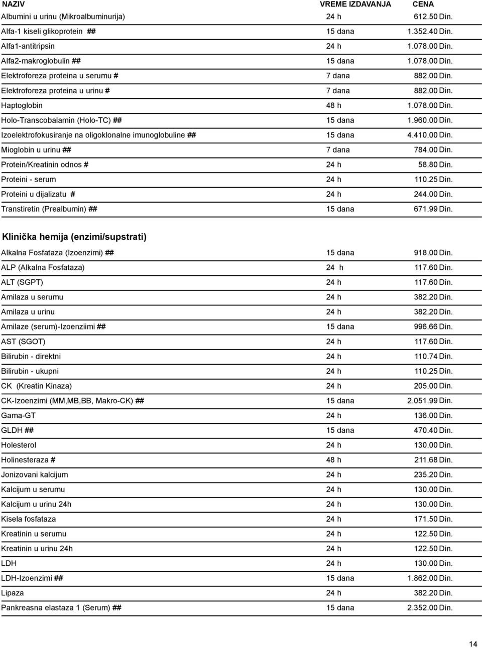 410.00 Din. Mioglobin u urinu ## 7 dana 784.00 Din. Protein/Kreatinin odnos # 24 h 58.80 Din. Proteini - serum 24 h 110.25 Din. Proteini u dijalizatu # 24 h 244.00 Din. Transtiretin (Prealbumin) ## 15 dana 671.