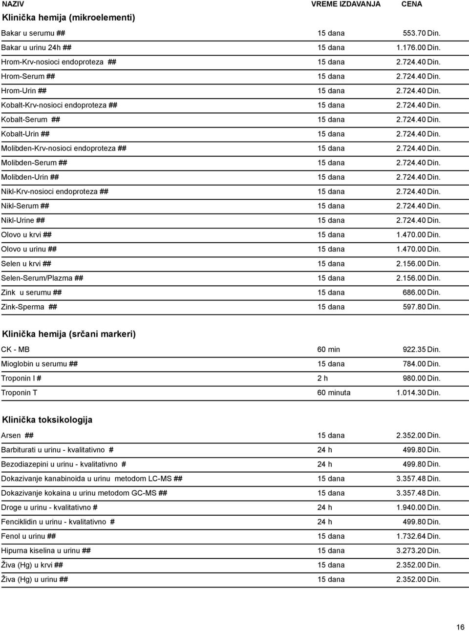 724.40 Din. Molibden-Urin ## 15 dana 2.724.40 Din. Nikl-Krv-nosioci endoproteza ## 15 dana 2.724.40 Din. Nikl-Serum ## 15 dana 2.724.40 Din. Nikl-Urine ## 15 dana 2.724.40 Din. Olovo u krvi ## 15 dana 1.