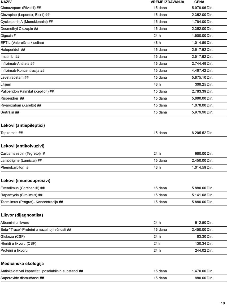 Infliximab-Koncentracija ## 15 dana 4.487.42 Din. Levetiracetam ## 15 dana 5.875.10 Din. Litijum 48 h 306.25 Din. Paliperidon Palmitat (Xeplion) ## 15 dana 2.783.39 Din. Risperidon ## 15 dana 5.880.