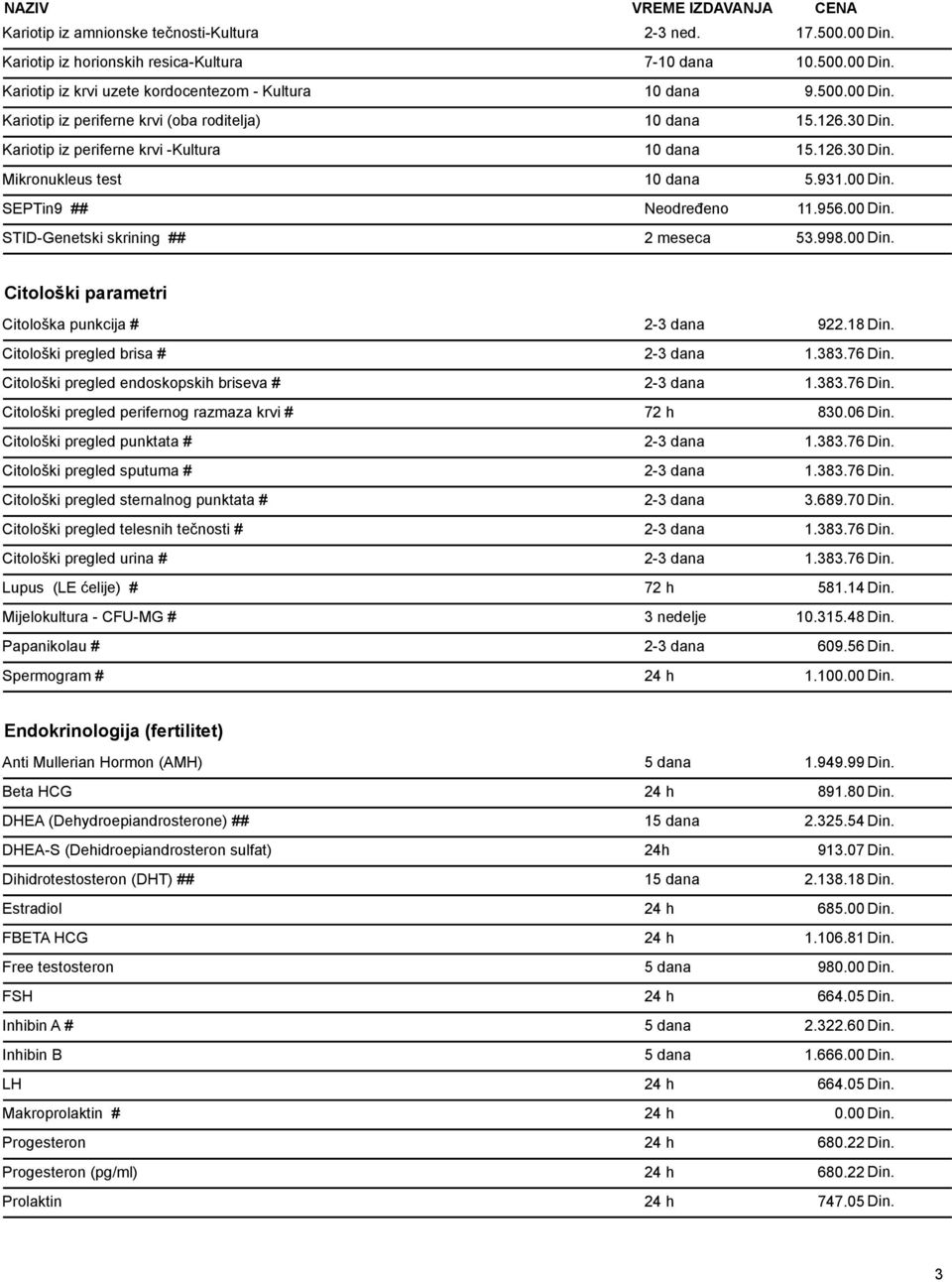 18 Din. Citološki pregled brisa # 2-3 dana 1.383.76 Din. Citološki pregled endoskopskih briseva # 2-3 dana 1.383.76 Din. Citološki pregled perifernog razmaza krvi # 72 h 830.06 Din.