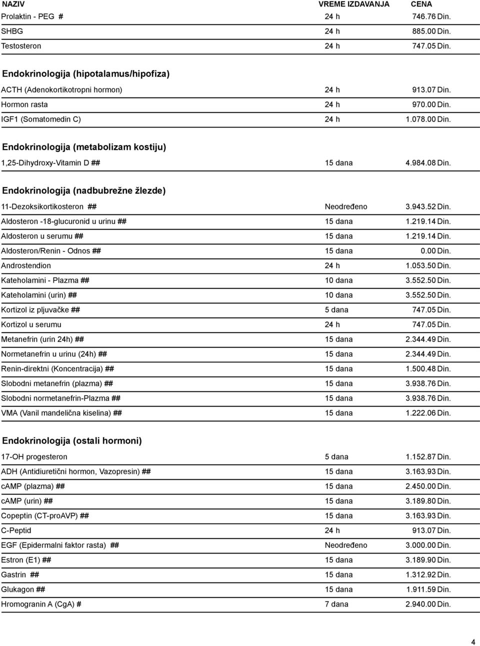 Endokrinologija (nadbubrežne žlezde) 11-Dezoksikortikosteron ## Neodređeno 3.943.52 Din. Aldosteron -18-glucuronid u urinu ## 15 dana 1.219.14 Din. Aldosteron u serumu ## 15 dana 1.219.14 Din. Aldosteron/Renin - Odnos ## 15 dana 0.