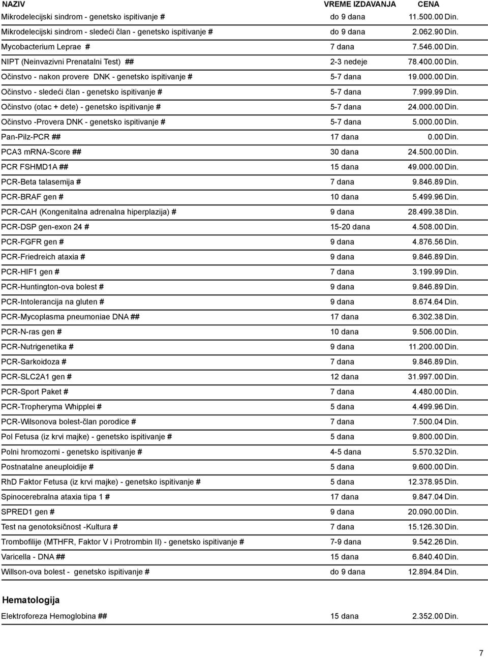 999.99 Din. Očinstvo (otac + dete) - genetsko ispitivanje # 5-7 dana 24.000.00 Din. Očinstvo -Provera DNK - genetsko ispitivanje # 5-7 dana 5.000.00 Din. Pan-Pilz-PCR ## 17 dana 0.00 Din. PCA3 mrna-score ## 30 dana 24.