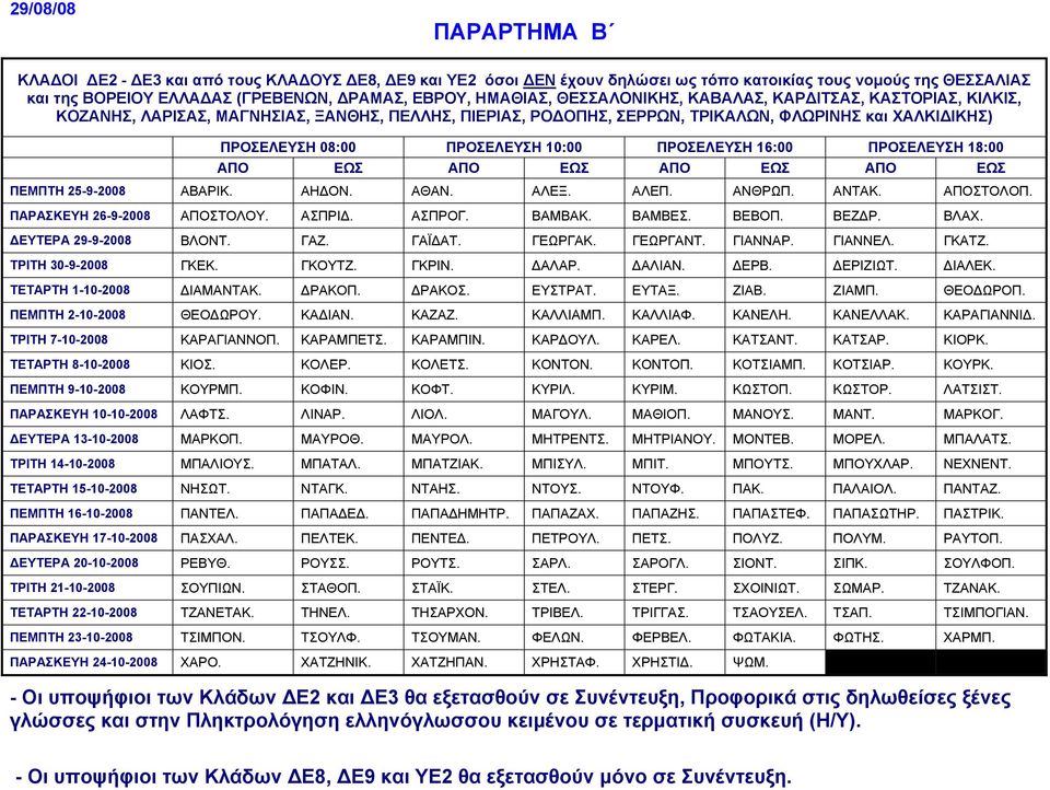 ΠΡΟΣΕΛΕΥΣΗ 16:00 ΠΡΟΣΕΛΕΥΣΗ 18:00 ΠΕΜΠΤΗ 25-9-2008 ΑΒΑΡΙΚ. ΑΗΔΟΝ. ΑΘΑΝ. ΑΛΕΞ. ΑΛΕΠ. ΑΝΘΡΩΠ. ΑΝΤΑΚ. ΑΠΟΣΤΟΛΟΠ. ΠΑΡΑΣΚΕΥΗ 26-9-2008 ΑΠΟΣΤΟΛΟΥ. ΑΣΠΡΙΔ. ΑΣΠΡΟΓ. ΒΑΜΒΑΚ. ΒΑΜΒΕΣ. ΒΕΒΟΠ. ΒΕΖΔΡ. ΒΛΑΧ.