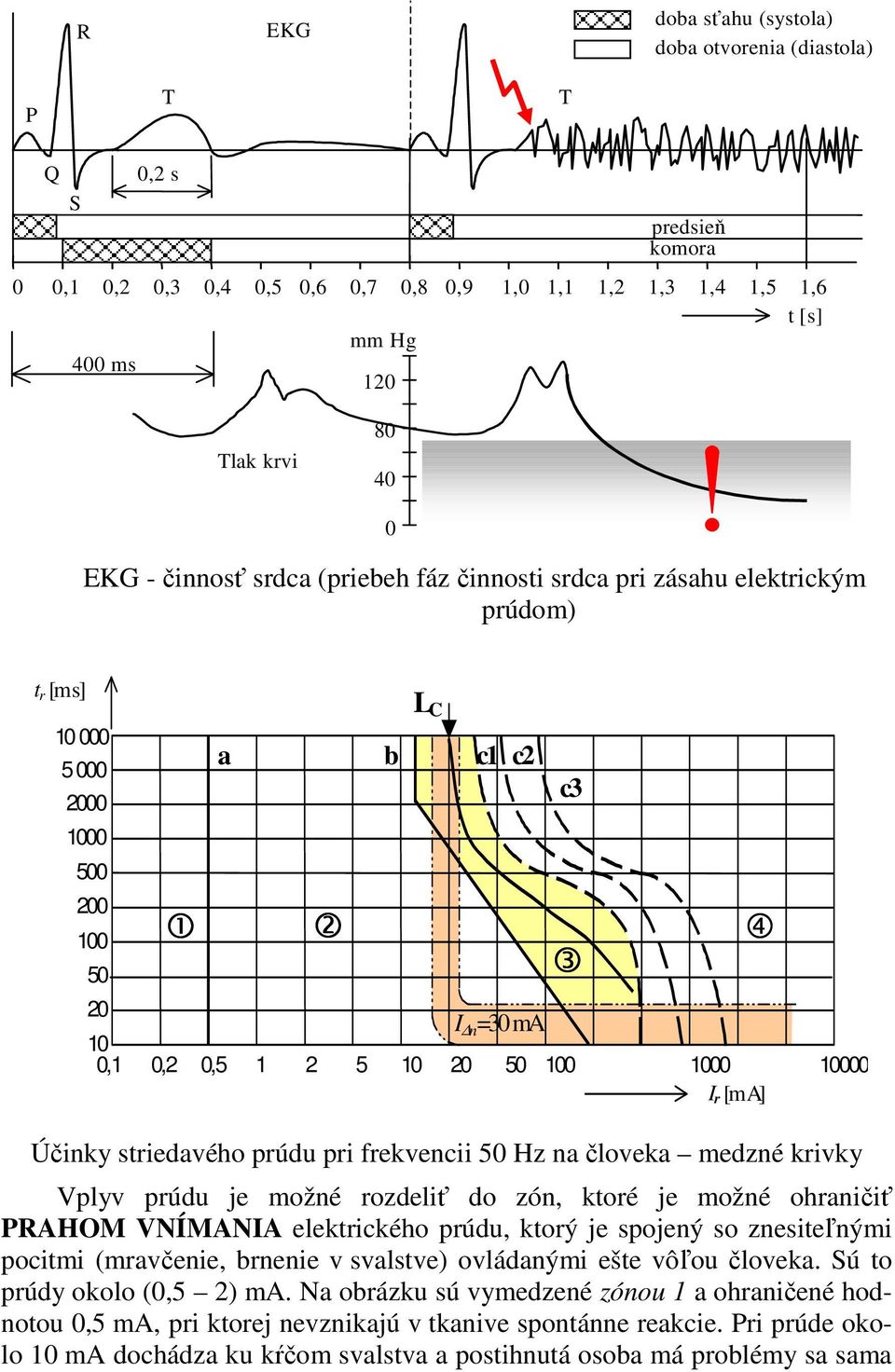 [m A] Účinky striedavého prúdu pri frekvencii 50 Hz na človeka medzné krivky Vplyv prúdu je možné rozdeliť do zón, ktoré je možné ohraničiť PRAHOM VNÍMANIA elektrického prúdu, ktorý je spojený so