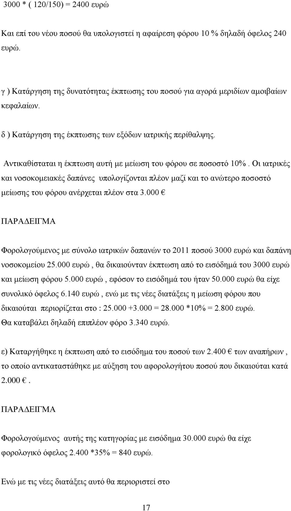 Αντικαθίσταται η έκπτωση αυτή με μείωση του φόρου σε ποσοστό 10%. Οι ιατρικές και νοσοκομειακές δαπάνες υπολογίζονται πλέον μαζί και το ανώτερο ποσοστό μείωσης του φόρου ανέρχεται πλέον στα 3.