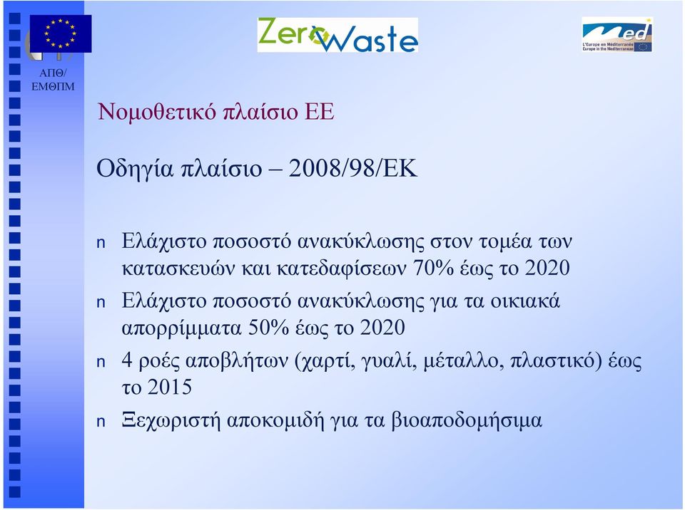 ανακύκλωσης για τα οικιακά απορρίμματα 50% έως το 2020 4 ροές αποβλήτων