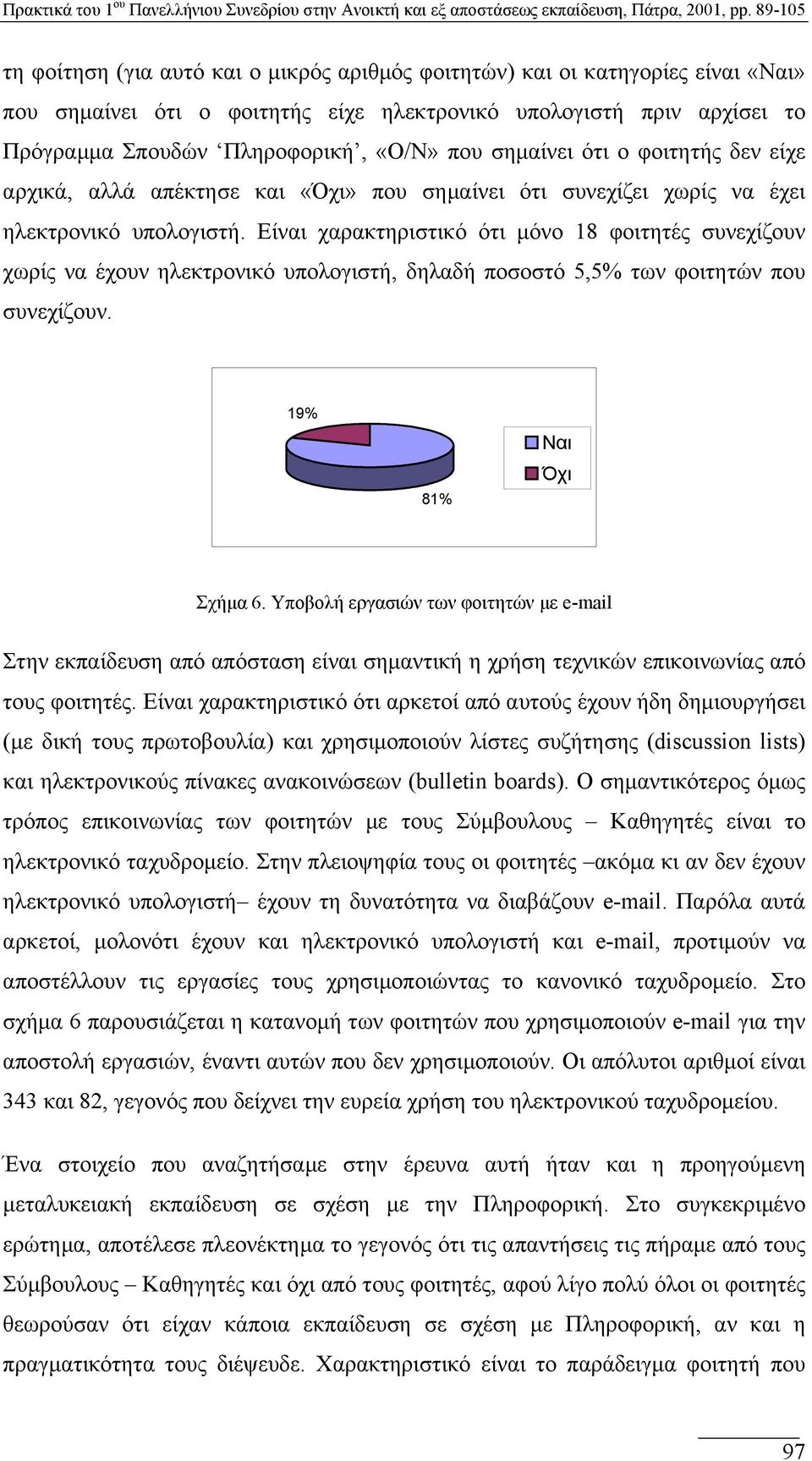 Είναι χαρακτηριστικό ότι µόνο 18 φοιτητές συνεχίζουν χωρίς να έχουν ηλεκτρονικό υπολογιστή, δηλαδή ποσοστό 5,5% των φοιτητών που συνεχίζουν. 19% 81% Ναι Όχι Σχήµα 6.