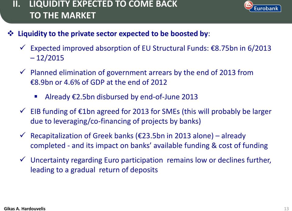 5bn disbursed by end-of-june 2013 EIB funding of 1bn agreed for 2013 for SMEs (this will probably be larger due to leveraging/co-financing of projects by banks) Recapitalization