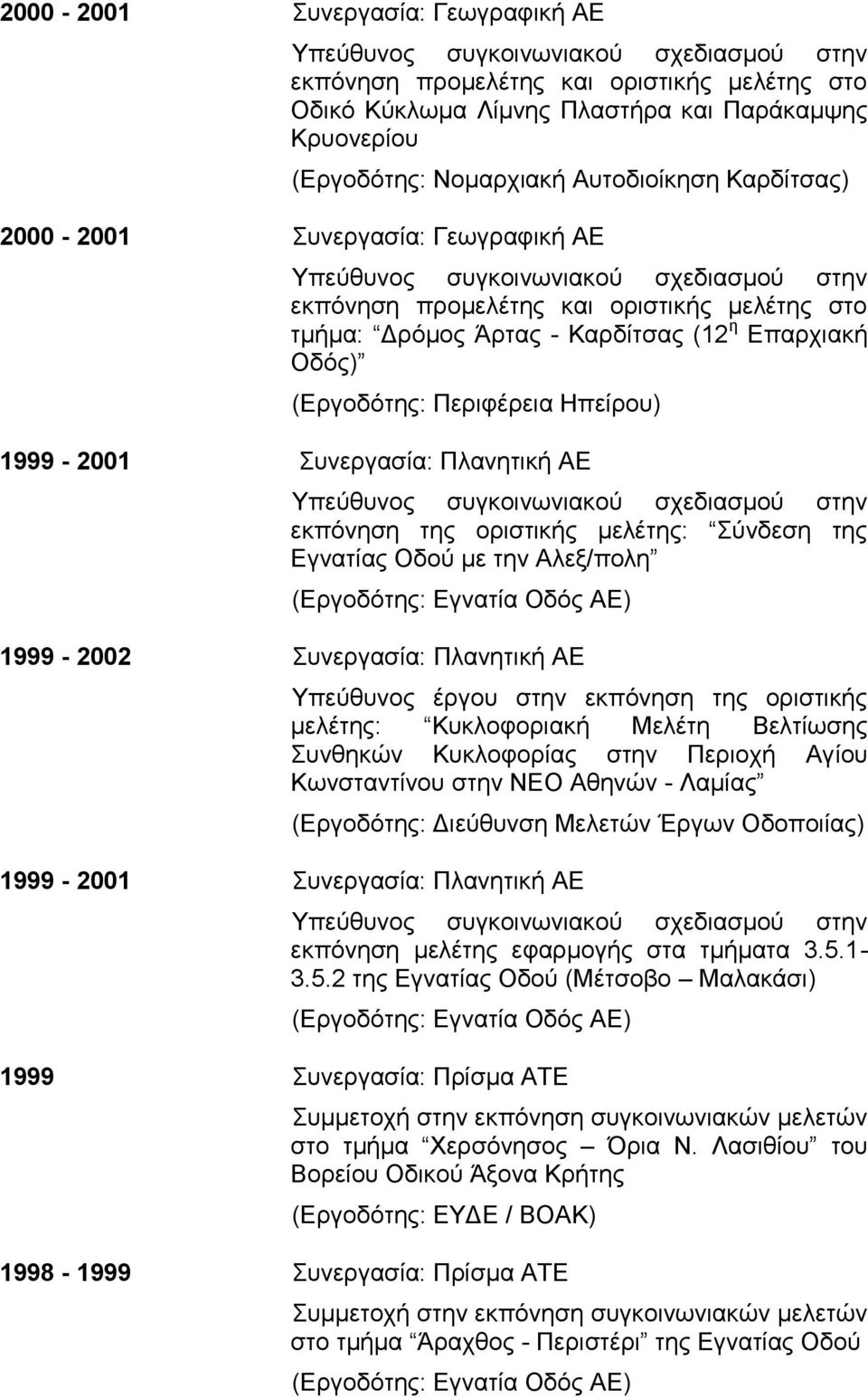 Επαρχιακή Οδός) (Εργοδότης: Περιφέρεια Ηπείρου) 1999-2001 Συνεργασία: Πλανητική ΑΕ Υπεύθυνος συγκοινωνιακού σχεδιασμού στην εκπόνηση της οριστικής μελέτης: Σύνδεση της Εγνατίας Οδού με την Αλεξ/πολη