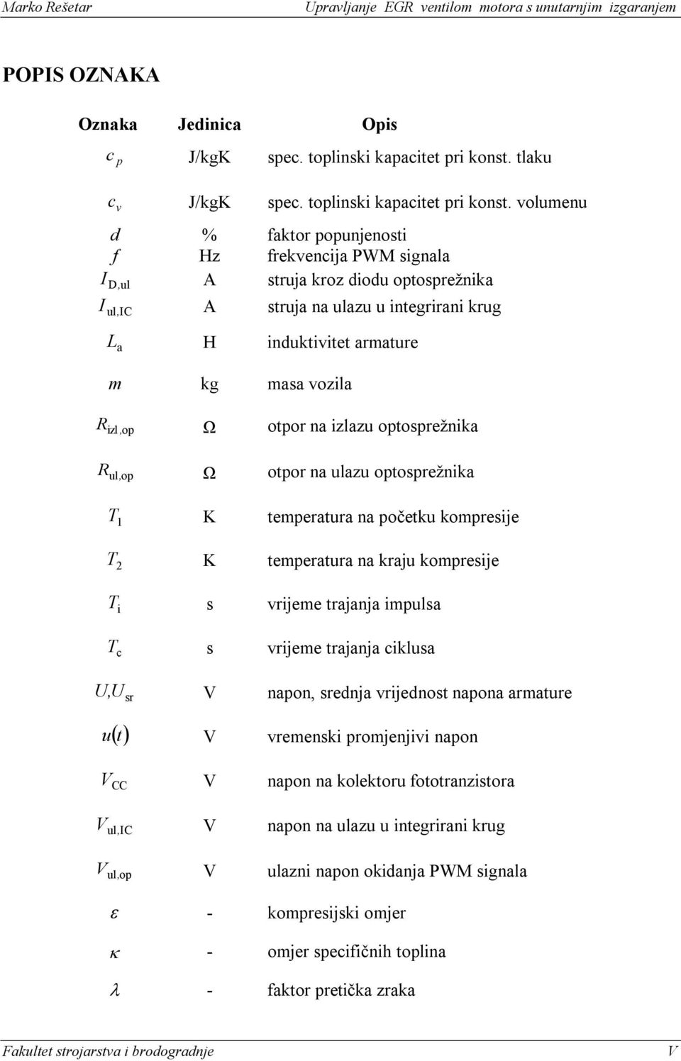 volumenu d % faktor popunjenosti f Hz frekvencija PWM signala I A struja kroz diodu optospreţnika D,ul I A struja na ulazu u integrirani krug ul,ic L a H induktivitet armature m kg masa vozila R
