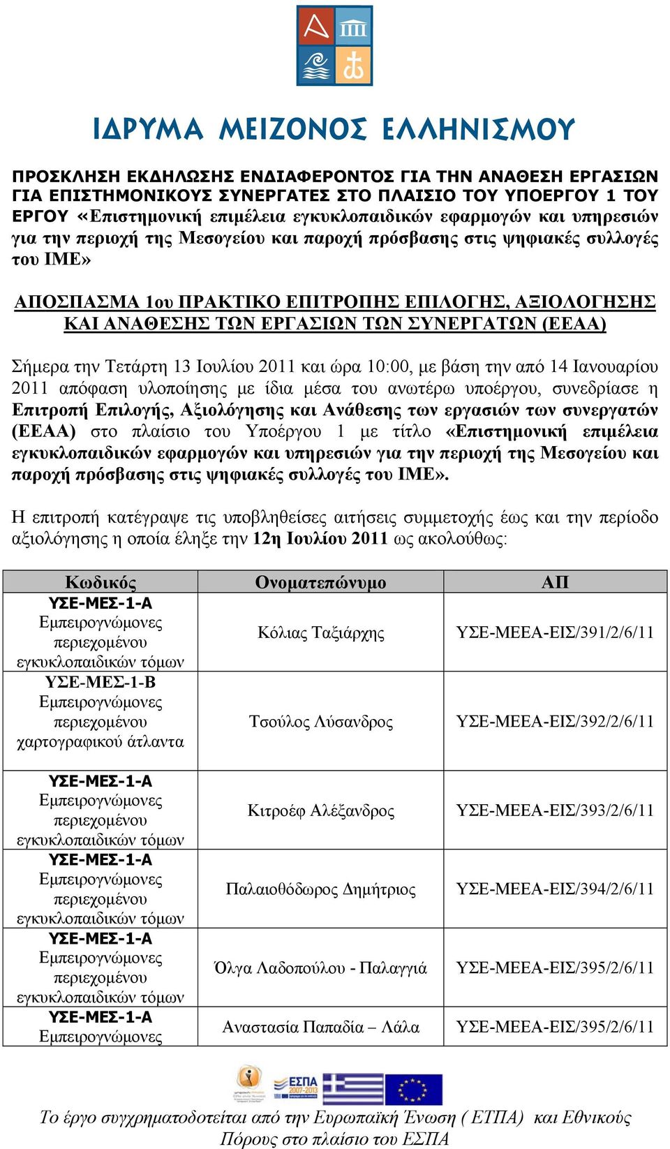 Ιουλίου 2011 και ώρα 10:00, με βάση την από 14 Ιανουαρίου 2011 απόφαση υλοποίησης με ίδια μέσα του ανωτέρω υποέργου, συνεδρίασε η Επιτροπή Επιλογής, Αξιολόγησης και Ανάθεσης των εργασιών των