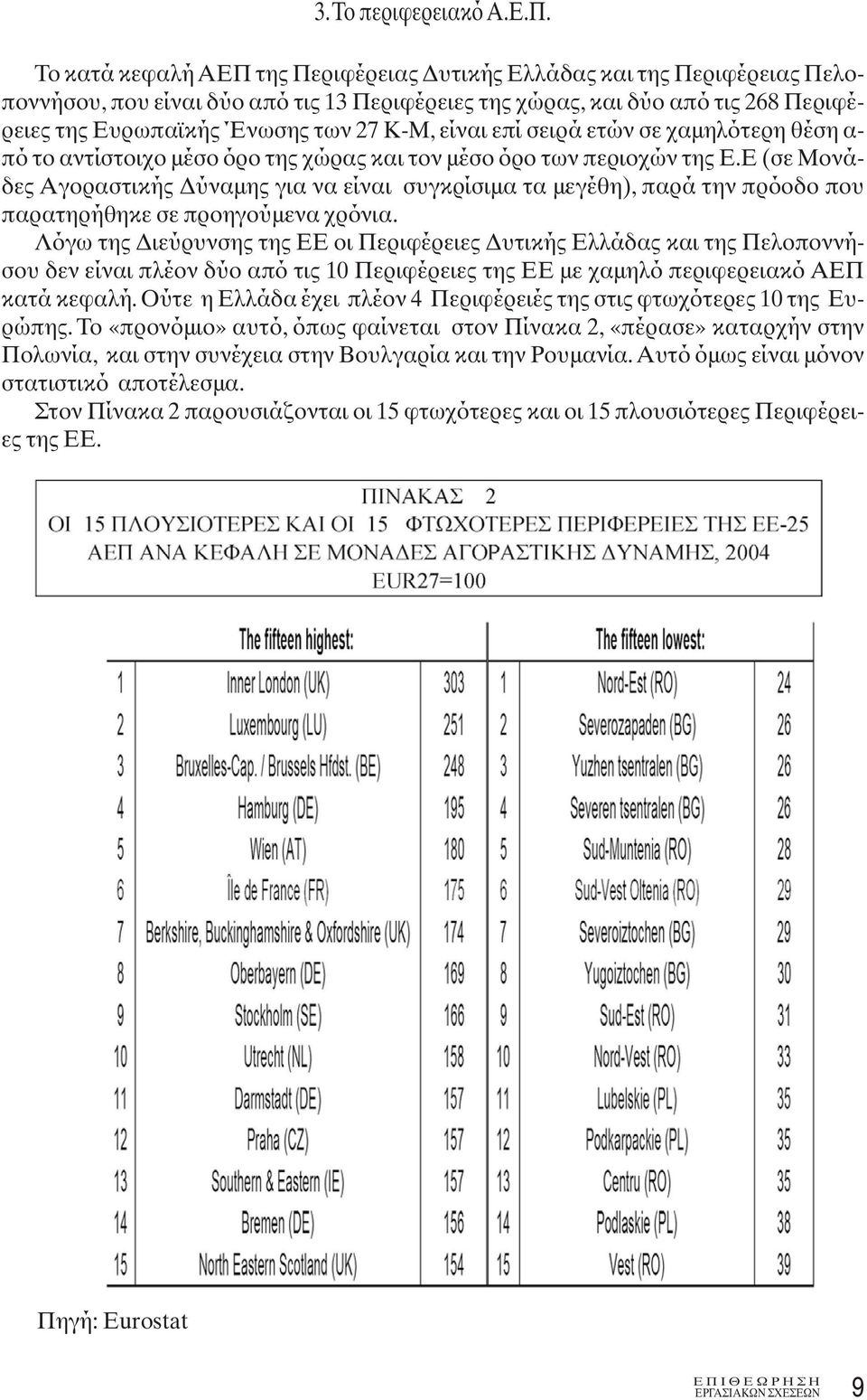 είναι επί σειρά ετών σε χαμηλότερη θέση α- πό το αντίστοιχο μέσο όρο της χώρας και τον μέσο όρο των περιοχών της Ε.