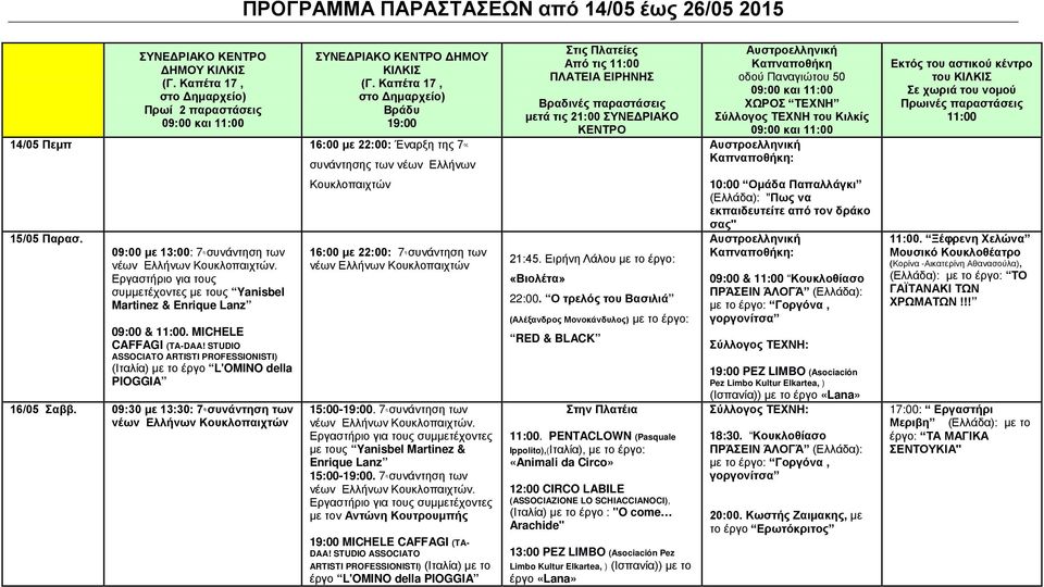 ΚΕΝΤΡΟ Αυστροελληνική Καπναποθήκη οδού Παναγιώτου 50 09:00 και 11:00 ΧΩΡΟΣ ΤΕΧΝΗ Σύλλογος ΤΕΧΝΗ του Κιλκίς 09:00 και 11:00 Αυστροελληνική Καπναποθήκη: Εκτός του αστικού κέντρο του ΚΙΛΚΙΣ Σε χωριά του