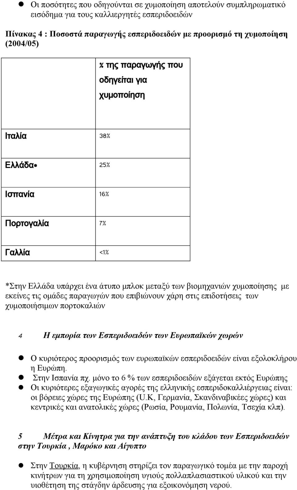 παραγωγών που επιβιώνουν χάρη στις επιδοτήσεις των χυμοποιήσιμων πορτοκαλιών 4 Η εμπορία των Εσπεριδοειδών των Ευρωπαϊκών χωρών Ο κυριότερος προορισμός των ευρωπαϊκών εσπεριδοειδών είναι εξολοκλήρου