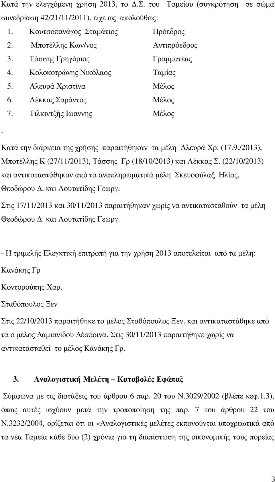 (17.9./2013), Μποτέλλης Κ (27/11/2013), Τάσσης Γρ (18/10/2013) και Λέκκας Σ. (22/10/2013) και αντικαταστάθηκαν από τα αναπληρωµατικά µέλη Σκευοφύλαξ Ηλίας, Θεοδώρου. και Λουτατίδης Γεωργ.