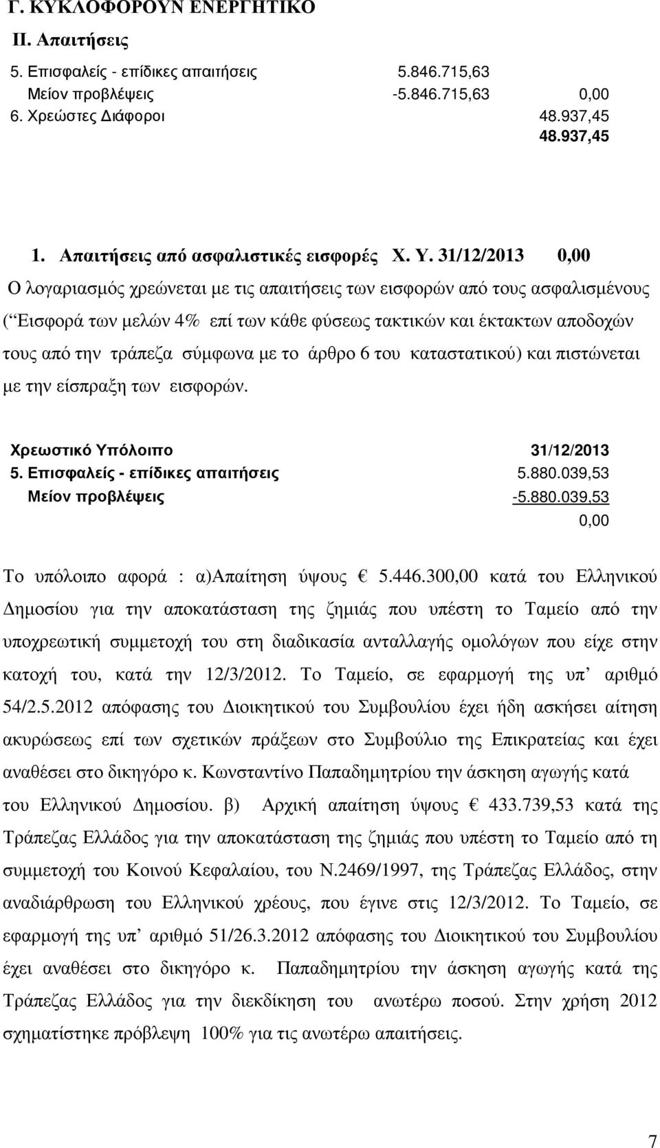 31/12/2013 0,00 Ο λογαριασµός χρεώνεται µε τις απαιτήσεις των εισφορών από τους ασφαλισµένους ( Εισφορά των µελών 4% επί των κάθε φύσεως τακτικών και έκτακτων αποδοχών τους από την τράπεζα σύµφωνα µε