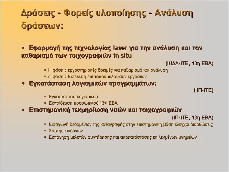 λογισμικού Εκπαίδευση προσωπικού 13 ης ΕΒΑ Επιστημονική τεκμηρίωση ναών και τοιχογραφιών (ΙΗΔΛ-ΙΤΕ, ΙΤΕ, 13η ΕΒΑ) ( ΙΠ-ΙΤΕ ΙΤΕ) (ΙΠ-ΙΤΕ, ΙΤΕ, 13η ΕΒΑ)