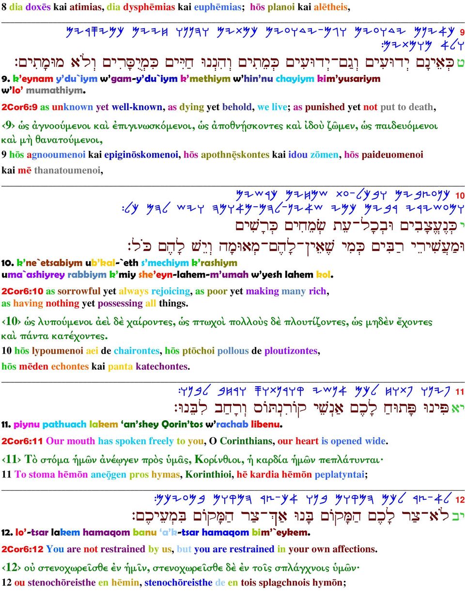 2Cor6:9 as unknown yet well-known, as dying yet behold, we live; as punished yet not put to death, 9 ὡς ἀγνοούµενοι καὶ ἐπιγινωσκόµενοι, ὡς ἀποθνῄσκοντες καὶ ἰδοὺ ζῶµεν, ὡς παιδευόµενοι καὶ µὴ