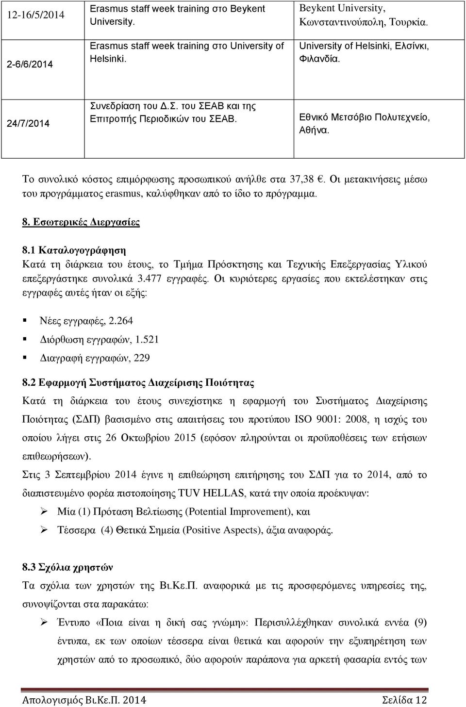 Το συνολικό κόστος επιμόρφωσης προσωπικού ανήλθε στα 37,38. Οι μετακινήσεις μέσω του προγράμματος erasmus, καλύφθηκαν από το ίδιο το πρόγραμμα. 8. Εσωτερικές Διεργασίες 8.