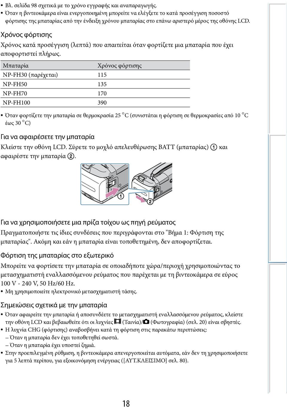 Χρόνος φόρτισης Χρόνος κατά προσέγγιση (λεπτά) που απαιτείται όταν φορτίζετε μια μπαταρία που έχει αποφορτιστεί πλήρως.