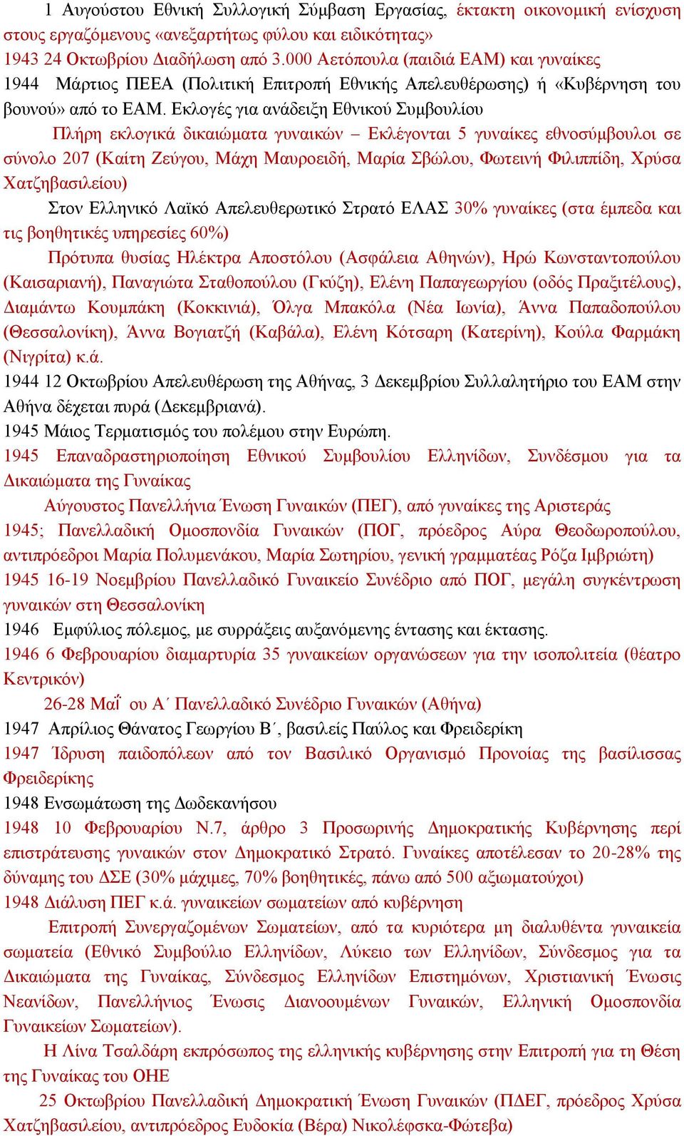 Εκλογές για ανάδειξη Εθνικού Συμβουλίου Πλήρη εκλογικά δικαιώματα γυναικών Εκλέγονται 5 γυναίκες εθνοσύμβουλοι σε σύνολο 207 (Καίτη Ζεύγου, Μάχη Μαυροειδή, Μαρία Σβώλου, Φωτεινή Φιλιππίδη, Χρύσα