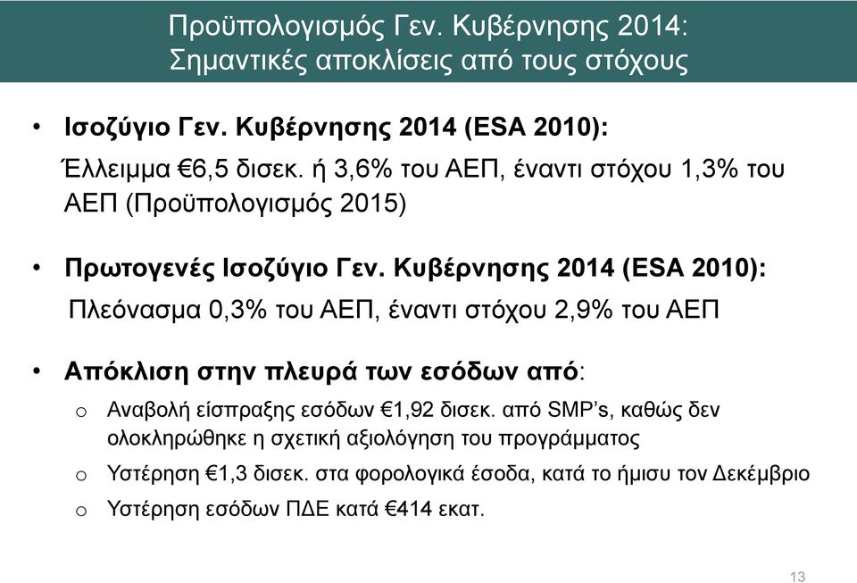 Κυβέρνησης 2014 (ESA 2010): Πλεόνασμα 0,3% του ΑΕΠ, έναντι στόχου 2,9% του ΑΕΠ Απόκλιση στην πλευρά των εσόδων από: o o o Αναβολή είσπραξης