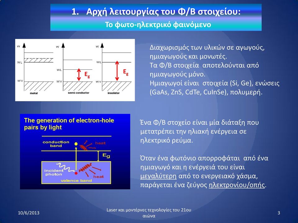 Ημιαγωγοί είναι στοιχεία (Si, Ge), ενώσεις (GaAs, ZnS, CdTe, CuInSe), πολυμερή.