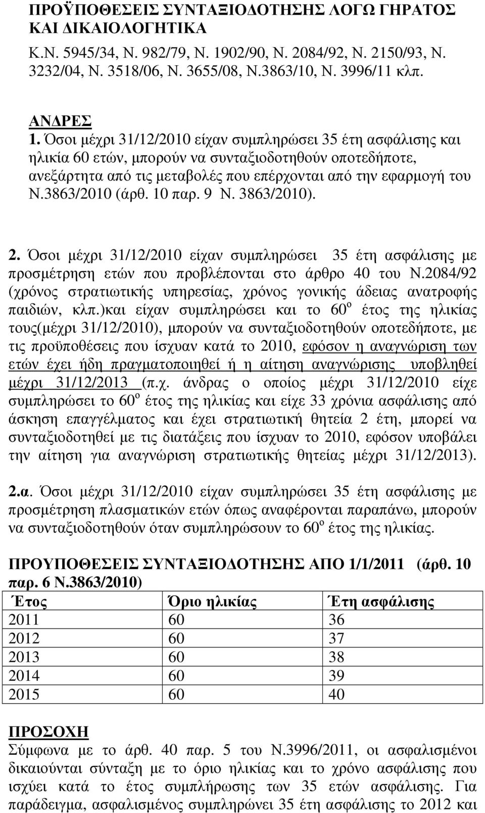 10 παρ. 9 Ν. 3863/2010). 2. Όσοι µέχρι 31/12/2010 είχαν συµπληρώσει 35 έτη ασφάλισης µε προσµέτρηση ετών που προβλέπονται στο άρθρο 40 του Ν.