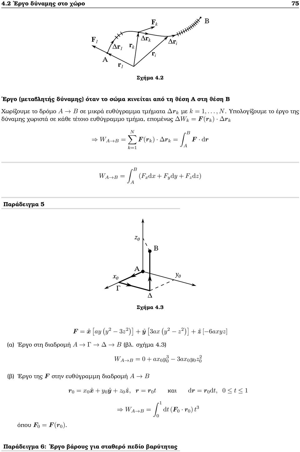 Υπολογίζουµε το έργο της δύναµης χωριστά σε κάθε τέτοιο ευθύγραµµο τµήµα, εποµένως W k = F ( k ) k W = N F ( k ) k = k=1 F d W = (F x dx + F y dy + F z dz) Παράδειγµα 5 z 0 x 0 Γ