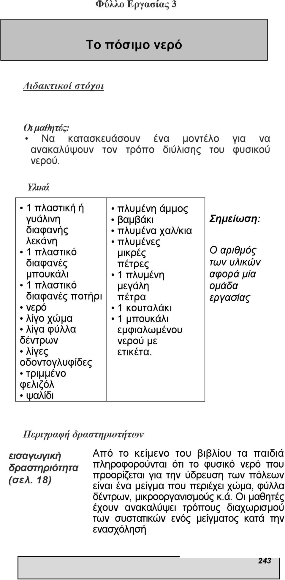 πλυµένα χαλ/κια πλυµένες µικρές πέτρες 1 πλυµένη µεγάλη πέτρα 1 κουταλάκι 1 µπουκάλι εµφιαλωµένου νερού µε ετικέτα.