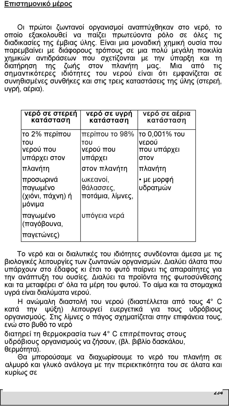 Μια από τις σηµαντικότερες ιδιότητες του νερού είναι ότι εµφανίζεται σε συνηθισµένες συνθήκες και στις τρεις καταστάσεις της ύλης (στερεή, υγρή, αέρια).