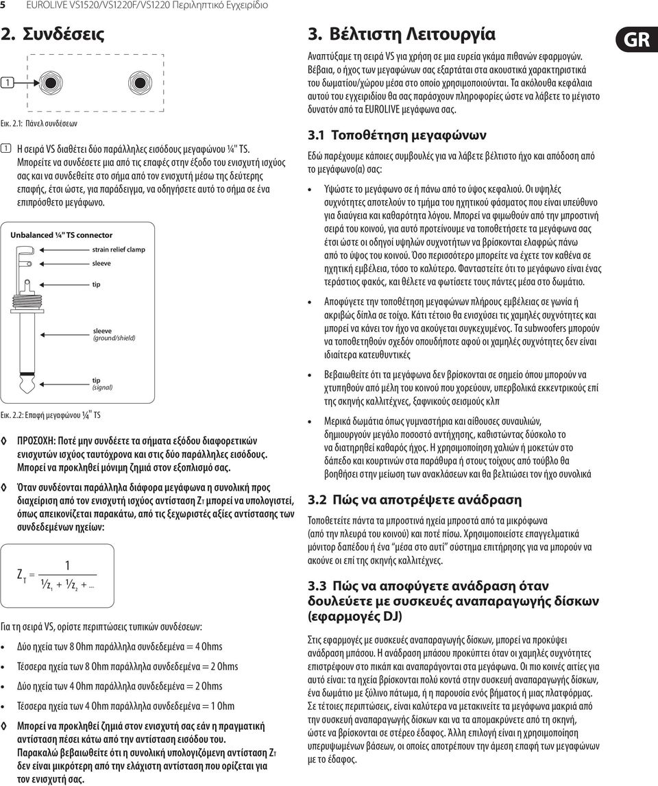 σε ένα επιπρόσθετο μεγάφωνο. Unbalanced ¼" TS connector strain relief clamp sleeve tip Εικ. 2.