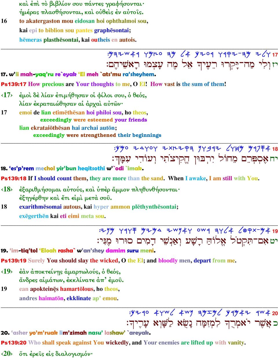 :MDIY@X ENVR DN L@ JIRX EXWI-DN ILE 17 : š E š Eš Í- µ ¹ ˆ 17. w li mah-yaq ru re`eyak El meh `ats mu ra sheyhem. Ps139:17 How precious are Your thoughts to me, O El! How vast is the sum of them!