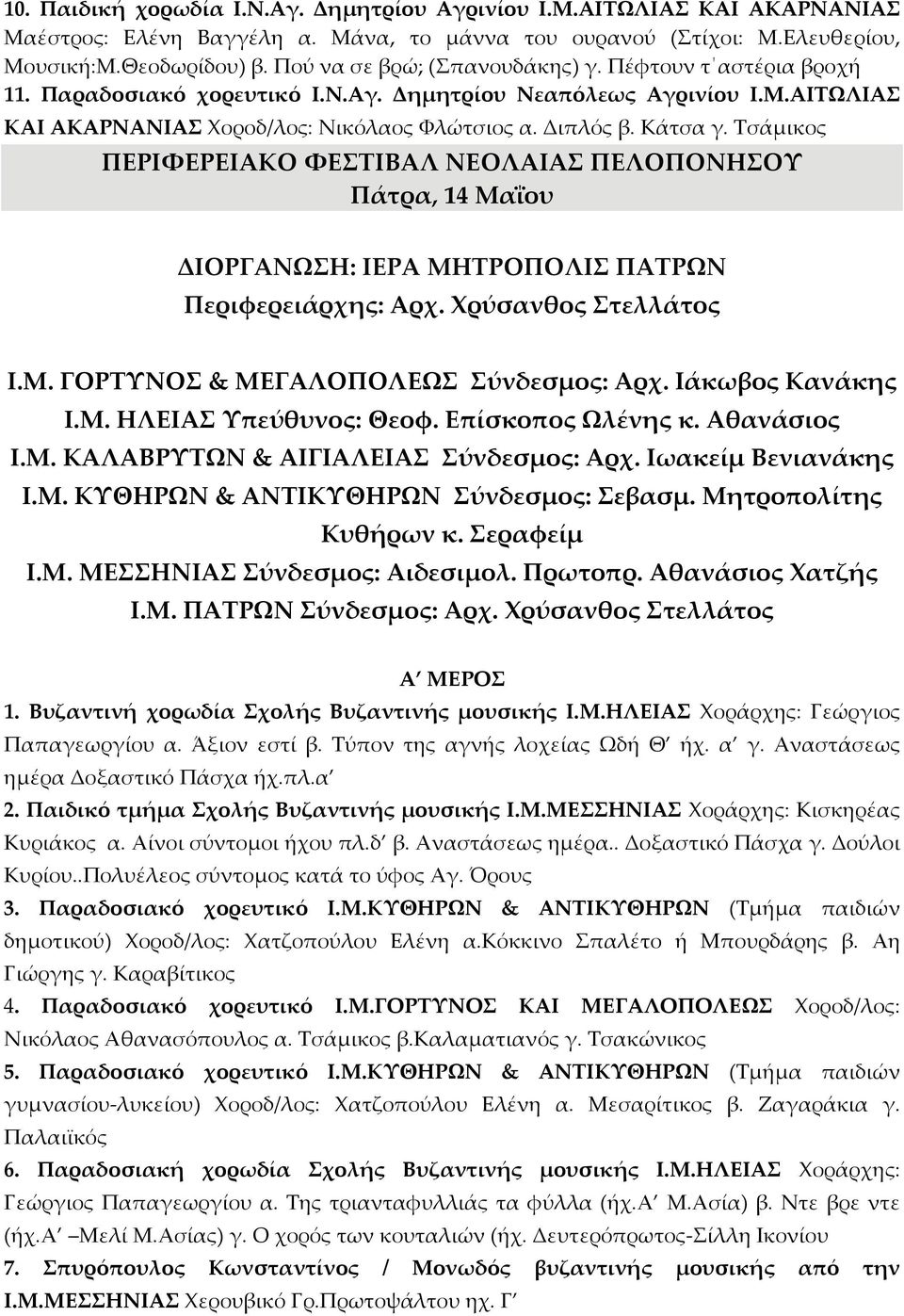 Τσάμικος ΠΕΡΙΦΕΡΕΙΑΚΟ ΦΕΣΤΙΒΑΛ ΝΕΟΛΑΙΑΣ ΠΕΛΟΠΟΝΗΣΟΥ Πάτρα, 14 Μαΐου ΔΙΟΡΓΑΝΩΣΗ: ΙΕΡΑ ΜΗΤΡΟΠΟΛΙΣ ΠΑΤΡΩΝ Περιφερειάρχης: Αρχ. Χρύσανθος Στελλάτος Ι.Μ. ΓΟΡΤΥΝΟΣ & ΜΕΓΑΛΟΠΟΛΕΩΣ Σύνδεσμος: Αρχ.