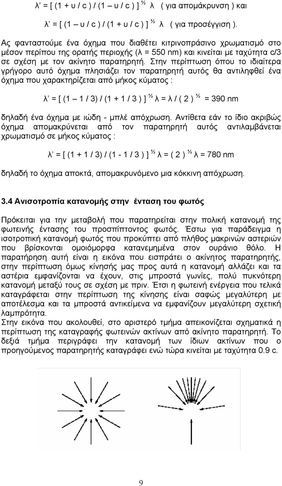 Στην περίπτωση όπου το ιδιαίτερα γρήγορο αυτό όχηµα πλησιάζει τον παρατηρητή αυτός θα αντιληφθεί ένα όχηµα που χαρακτηρίζεται από µήκος κύµατος : λ = [ (1 1 / 3) / (1 + 1 / 3 ) ] ½ λ = λ / ( 2 ) ½ =